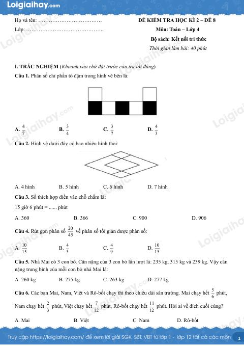 Đề kiểm tra học kì 2 Toán 4 Kết nối tri thức - Đề số 8